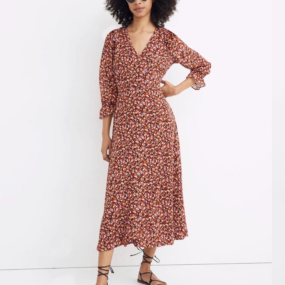 Madewell long sleeve crossover midi dress in clipdot spring prairie red floral 4